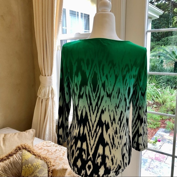 CALVIN KLEIN Green Black Bateau Neck Silky 3/4 sleeve top Women’s size small - Picture 8 of 13